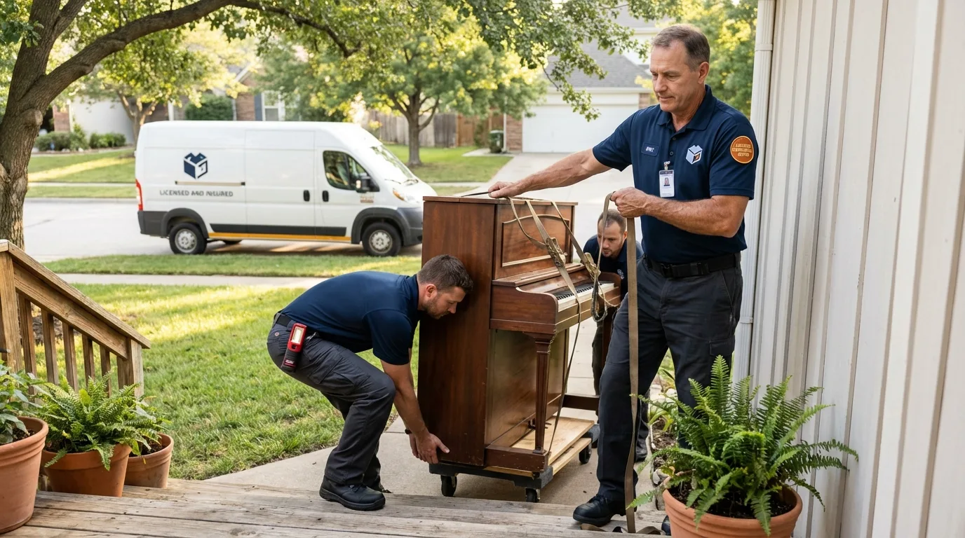 Licensed piano movers securing grand piano in Rosenhayn, NJ