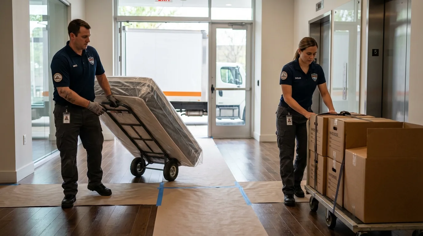 Professional apartment movers loading elevator in Rosenhayn, NJ