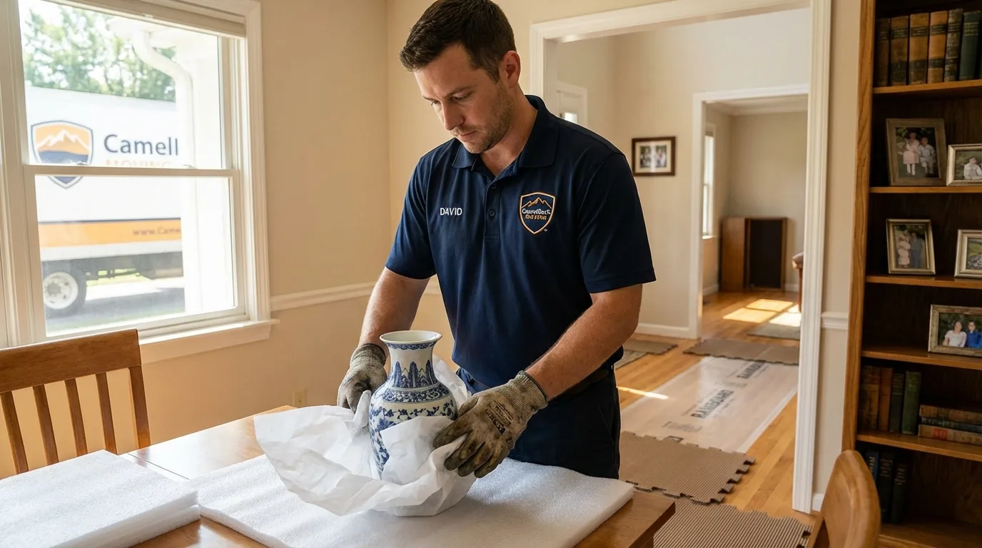 Professional crew carefully wrapping antique vase for senior downsizing move in Rosenhayn, NJ